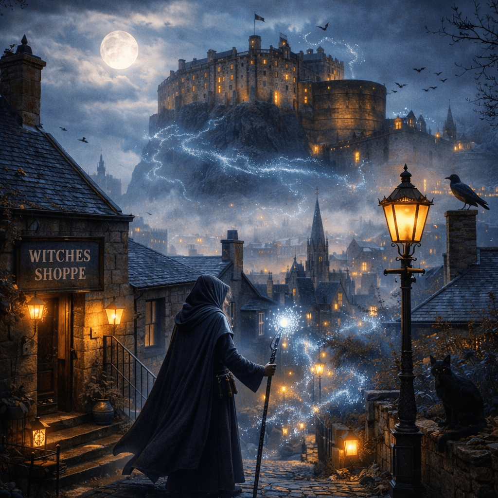 Witch in cloak with glowing staff outside Witches Shoppe in a misty village