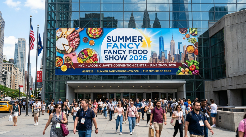People walking outside Jacob K. Javits Convention Center under Summer Fancy Food Show 2026 banner
