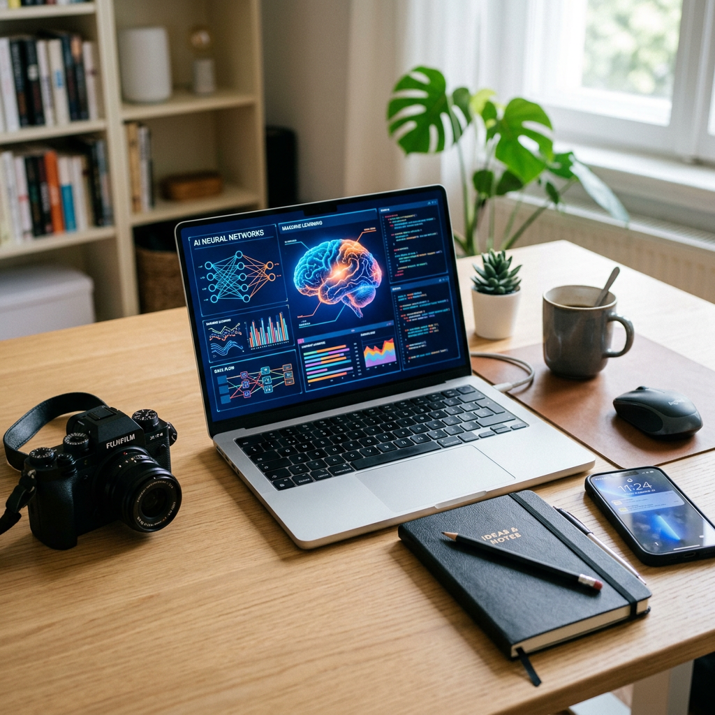 Laptop showing AI neural networks and brain analysis diagrams