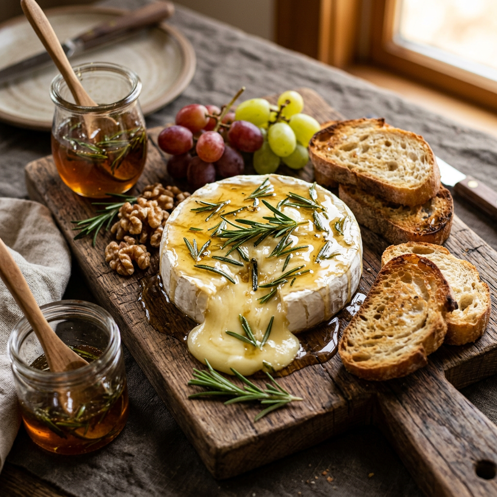 Baked brie cheese oozing honey and rosemary on wooden board with grapes, walnuts, and toasted bread slices